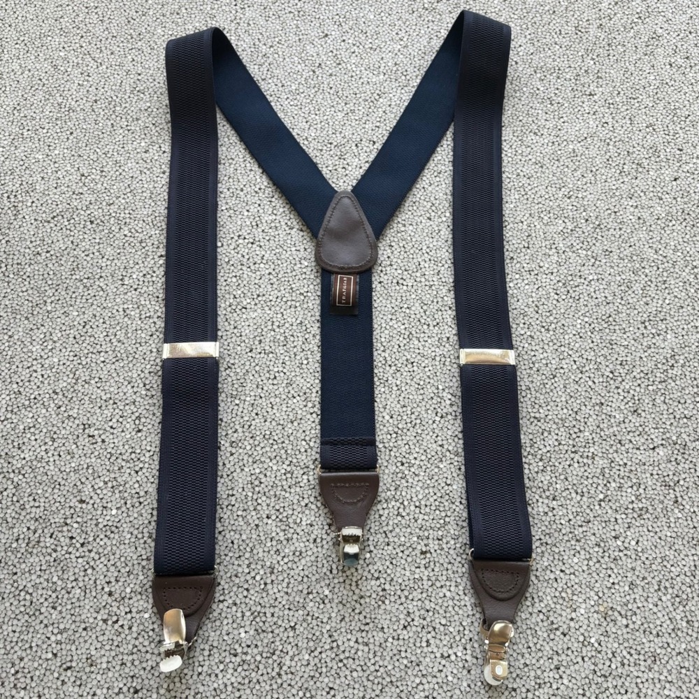 Trafalgar Suspenders Mens Navy Blue Leather Trim Silver Convertible Preppy - Picture 2 of 6